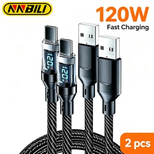 NNBILI 2pcs Fast Charge Cable 120W USB To Type C Nylon Data Transfer Cord Type C to Type C With LED Digital Display Type C Cable