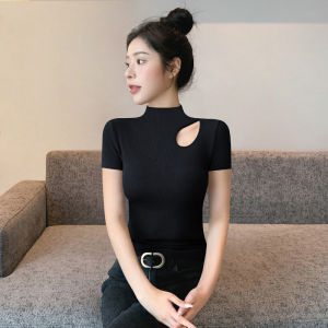 Slim Fit Short Sleeve T-Shirt Womens Black Hollow out Design High Neck Commute Style Korean Fashion Summer Top Cat Me Brand