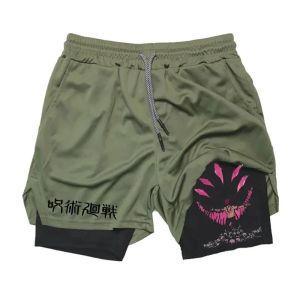 Anime Ryomen Sukuna Gym Shorts 2-in-1 Double Layer Men Workout Sports Jogging Sportwear Training Sport Shorts Male Summer Shorts