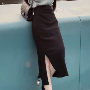 Elegant High Waist Black Asymmetrical Design Half-length Skirt Womens Commute Style Autumn New Arrival Bodycon Midi Dress
