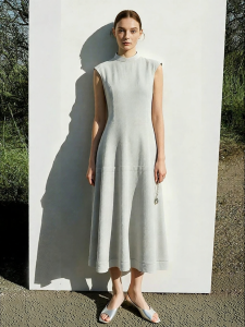 AMII | Traditional Chinese Style Mandarin Collar Bow Fastening Wide Shoulder Dress