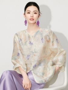 Elegant Chinese Style Butterfly Patterned Summer Shirt Womens Shawl Collar Sun Protection Transparent Fashionable Top Coat