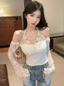 GUZILIAN | Unique Lace One-Shoulder Hanging Neck Small Top Womens Spring Summer High-End Sensual Chic Blouse Korean Style Commute Shirt