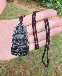 Premium deep greenish Nephrite double sides cravings Green Tara (Guan Yin) Jade pendant/handheld (with certificate) [Natural Crystal] 和田玉塔青墨绿双面雕刻绿度母(观音)吊坠/手把(带证书)