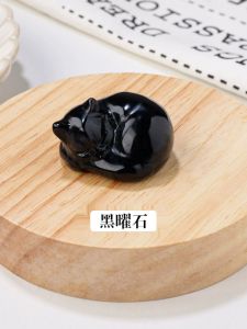 Miniature Crystal Pink Blue Sleeping Cat Miniature Cute Cat Carving Obsidian Pink Crystal Decoration Desktop Home Decorations