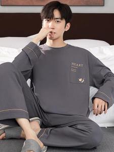 Mens Pure Cotton Long Sleeve Sleepwear Set Spring Autumn Casual Home Wear Comfortable Breathable Youthful Print Design