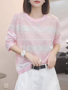 Shalldoer | Áo thun dệt kim dài tay thời trang mùa hè mỏng thoáng khí cho nữ Áo sơ mi cổ tròn dáng rộng họa tiết sọc màu tương phản