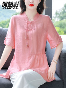 เสื้อเชิ้ตผ้าลินินคอตตอนผสมสไตล์จีนใหม่สำหรับผู้หญิง ทรงหลวม แขนสั้น ปกตั้ง ทรงหลวม เสื้อเชิ้ตคอตตอนผสมระดับไฮเอนด์