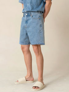 Light Blue Mens Denim Shorts Summer American High Street Straight Loose Washed Five-Quarter Pants Youth Casual Wear