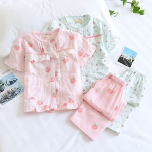 Summer Cotton Gauze Short Sleeve Long Pants Childrens Sleepwear Set Air Conditioned Home Clothes for Girls Baby Girl Outfit