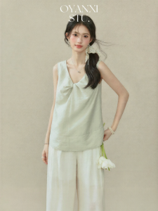 OUYANGXI | Áo Thun V-Neck Lỏng Dây Buộc Không Tay