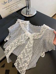 PAIBOLI | Gray Lace Knot Knitted Short Sleeve T-Shirt Heavy Splicing Korean Style Summer New Arrival Ultra Beautiful Commute Style Loose Fit