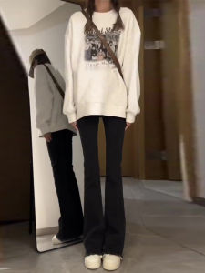 Retro High เอว กางเกงยีนส์ทรงกระดิ่ง ผู้หญิง ฤดูใบไม้ร่วง แฟชั่น พลัสไซส์ พรางหุ่น กางเกงขายาว สไตล์เกาหลี เดินทาง ลำลอง กางเกงขายาว