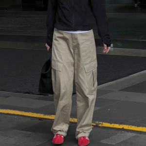 WUQINGWUCAI | Vintage Multi-Pocket Loose High-Waisted Khaki Cargo Pants