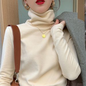 เสื้อยืดคอตั้งสองด้านเดียวกันสำหรับผู้หญิง แขนยาว ปกสูง ทรงเข้ารูป สีสันสดใส แฟชั่นฤดูหนาว ลำลอง ลำลอง