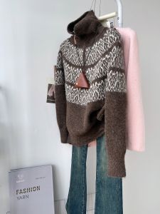 QINGNAER | Vintage Geometric High Collar Half Zipper Color Block Knitwear