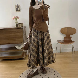 XUECAIQI | Fashionable Bow Long Sleeve Top Plaid Skirt Set Women