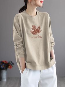 Womens Pure Cotton Loose Base Layer T-shirt Autumn Season Long Sleeve Print Casual Style for All Body Types round Neck