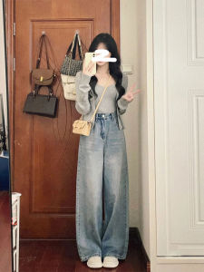 Retro Blue Denim High Waist Wide Leg Pants Womens Small Size Long Jeans High Waist Straight Narrow Version Floor-Length