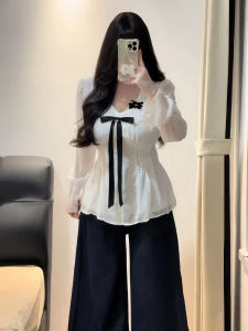 plus Size Womens Shirt Butterfly Knot V-Neck Waist-Cinching Long Sleeve High Waist Design Slimming Effect Autumn Top