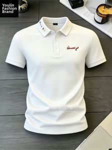 YOULIN | White Floral Embroidery Cool Ice Silk Polo Shirt