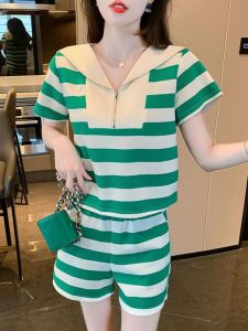 Salt Series Street Style Set Women Summer Short Navy Collar Striped Casual Wide Leg Shorts Two Piece Set Fashionable Sportswear