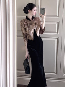 QFN | Stylish Elegance Traditional Chinese Collared Coat Black Velvet Dress Set