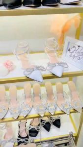 Giày nơ xoàn vip trắng HALEY STORE 5cm mũi nhọn quai đính nơ xoàn đá pha lê mũi nhọn công chúa tiểu thư đi tiệc đi chơi êm chân