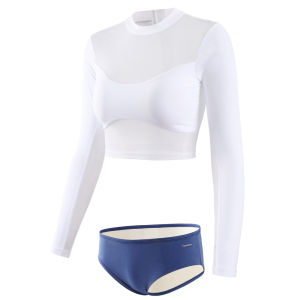 White See-through Surfing Bikini Womens Swimwear with Padded Sports Swimsuit Mini Waist Skirt Pants Long Sleeve round Neck
