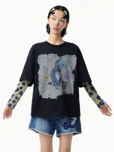 Pure Cotton Long Sleeve round Neck Printed Top Womens Loose Fit Short T-shirt Spring Autumn Style Casual Comfortable Commute Fashion