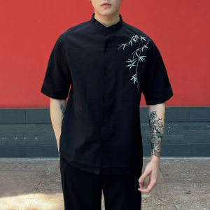 New Chinese Style Bamboo Embroidery Short Sleeve Loose Fit Mens Shirt Summer Casual White Half Sleeve Outerwear