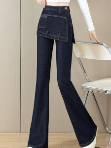 Fashionable High Waist Slimming Denim Blue Micro Flared Jeans Pants Womens Autumn New Style Two-Piece Illusion Cotton Stretch Denim