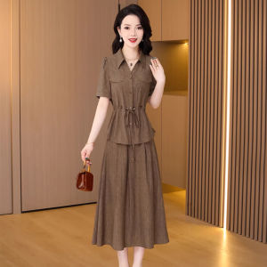 MAIMEI | Summer New Womens Ice Silk Cotton Linen Two-Piece Set Dress Elegant A-Line Skirt Comfortable Elastic Waist Short Sleeve Polo Neck