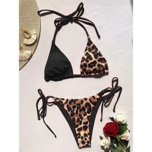 Color Blocked Leopard Print Backless Bikin Contrast Color Leopard Print Halter Bikini