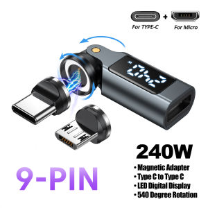 AUFU 9Pin Digital Display Magnetic OTG Adapter for IPhone17 Macbook Laptop Xiaomi PD240W 5A USB C to Type C Micro Male Converter