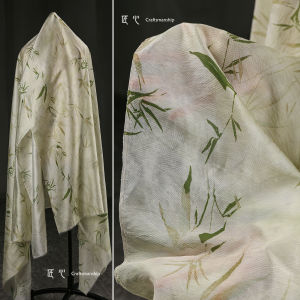 ผ้าลายใบไม้ไผ่สีเขียว ผ้าไหมลินินผสมน้ำสีน้ำ ผ้าอ้อมนุ่ม ชุดเดรส เสื้อคลุม เสื้อผ้าแฟชั่น ผ้าสำหรับออกแบบเสื้อผ้า
