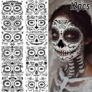 12Pcs Black Halloween Face Tattoos Stickers Flower Skull Lace Temporary Tattoos for Day Of The Dead Body Facial Makeup Decor NL