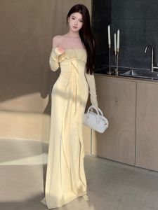 Elegant Long Sleeve Maxi Dress with Sash High Waist Gathered Hem One Shoulder Design Korean Style Commute Spring Fashion 2024