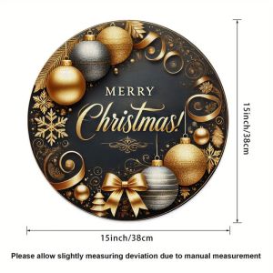 VIKAMA Noir Gold Christmas Ornament Ribbon Round Placemat Black Background Golden Ball Snowflake Bow Luxury Xmas Table Mat Decor