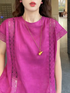 SUOXIMENG | เสื้อเชิ้ตแขนสั้นสีแดงลายดอกไม้ขนาดใหญ่ ทรงหลวม คอตั้ง ทรงหลวม แฟชั่นฤดูใบไม้ร่วง 2025 สำหรับผู้หญิง