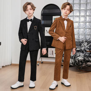 2PCS ชุดสูทเบลเซอร์สำหรับเด็กชุดการแสดงทางรันเวย์สำหรับเด็กชุดออกงานแบบหล่อสำหรับแฟชั่นเด็กผู้ชาย