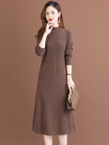Autumn and Winter Womens Half Turtleneck Pure Color Cashmere Sweater Long below the Knee Sweater Slim Fit Inner Wear Knitted Dress Long Sleeves