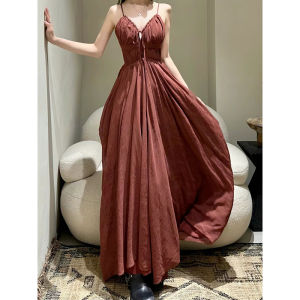 ชุดเดรสคอวีเซ็กซี่สีแดงคริสต์มาส กระโปรงทรงเอเอวสูง แขนกุด ผ้าโพลีเอสเตอร์ ชุดเดรสยาวคลุมเข่า