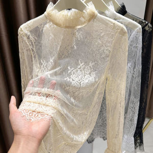 Áo Sơ Mi Ren Cổ Cao Tay Dài Mùa Thu Đông Cho Nữ Áo Lót Lưới Khoét Rỗng Mỏng Thời Trang Áo Lưới Mùa Xuân Thu