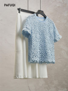 PAFUQI | Elegant French Lace Round Neck Sleeve Short Sleeve Top