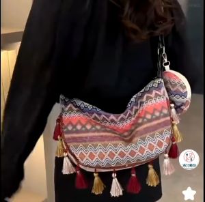 Tribal Style Crossbody Bags Tassel Large Capacity Fringe Shoulder Bag Portable Woven Bag Canvas 2G41