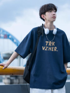 เสื้อยืดคอกลมแขนสั้นผ้าฝ้ายแท้สไตล์ญี่ปุ่นสำหรับผู้ชาย ฤดูร้อน 2025 ทรงหลวม ลายตัวอักษร ไซส์ใหญ่ เสื้อยืดคอกลม