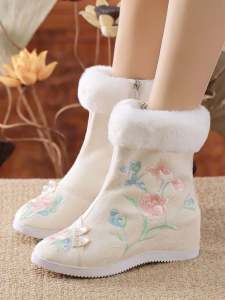 Giày Cao Gót Thêu Lót Lông Cừu Phong Cách Trung Hoa Giày Múa Cổ Điển Giày Đế Cao Bằng Cao Su Giày Thường Ngày Cho Nữ