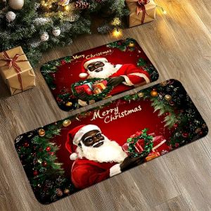 VIKAMA Black Santa Claus Christmas Kitchen Rug Non‑Slip Absorbent Floor Mat Merry Xmas Home Entrance Decor