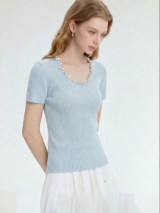 Light Blue Beaded Summer Breathable Fitted Knit Top